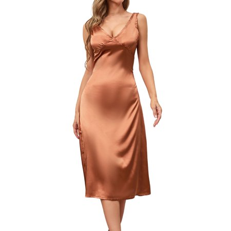 CLZOUD Flowy Summer Dresses Khaki Polyester New Backless Pure Color Imitation Silk Slim Dress Banquet Vest Long Dress Dress M
