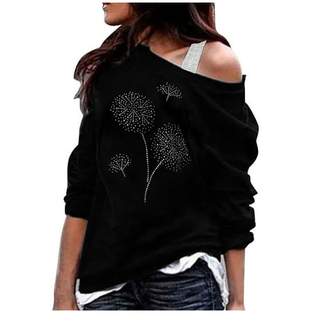 GWAABD Women S Tunic Shirts Women S Casual Shirt Top Off-the-Shoulder Diamond-Studded Floral Printed Top Long-Sleeved Cotton Soft T-Shirt