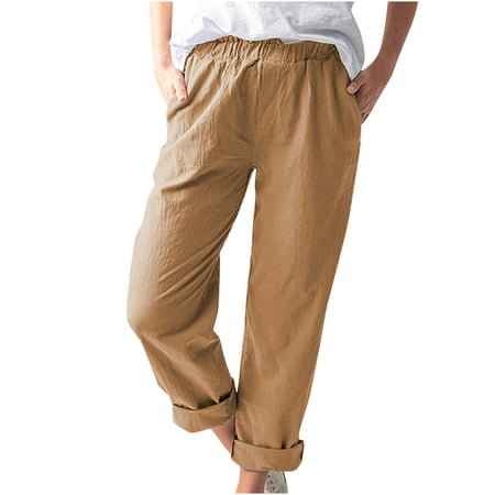 YANHAIGONG Women Pants Summer Shorts Pants for Women 2564 Women Casual Solid Color Pockets Elastic Waist Comfortable Straight Pants
