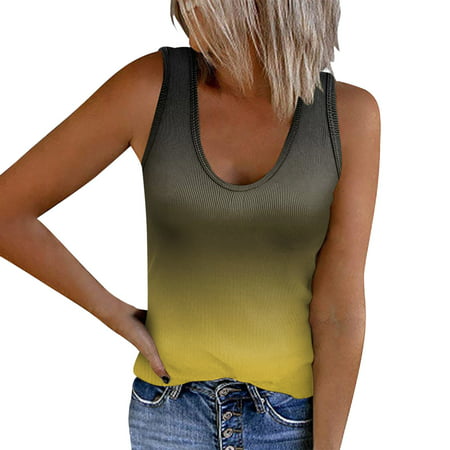 CLZOUD Womens Compression Tank Top Yellow Women S Gradient Slim Fit Vests Low Collar Sleeveless Top Tank Vests Blouse Xl