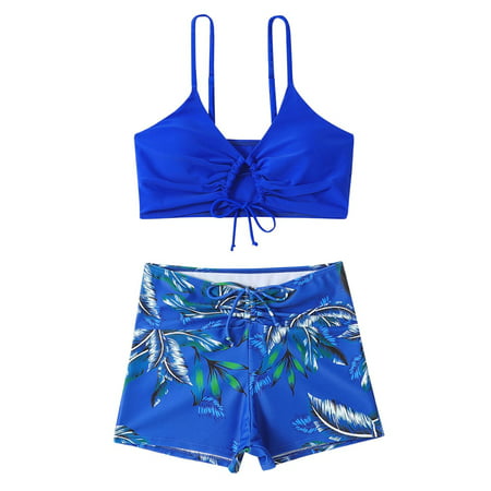 PEASKJP Monokini Swimsuits for Women Two Piece Tummy Control Swimsuits with Boy Shorts Modest Swimwear Swim Tankini for Women Blue X-L