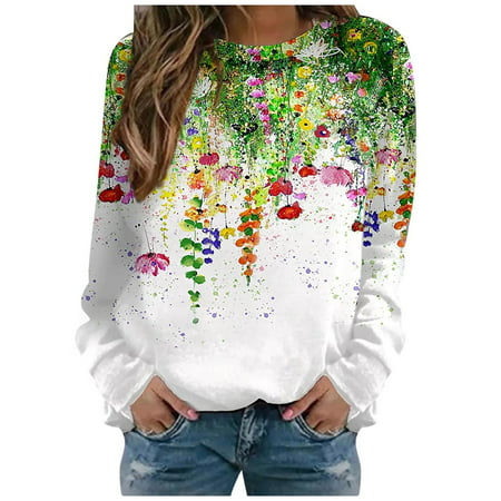 CLZOUD Fashion Elegant Shirts for Women Women S Crew Neck Fashion Print Long Sleeved Sweatshirt Casual Blouse Pullover Xxl