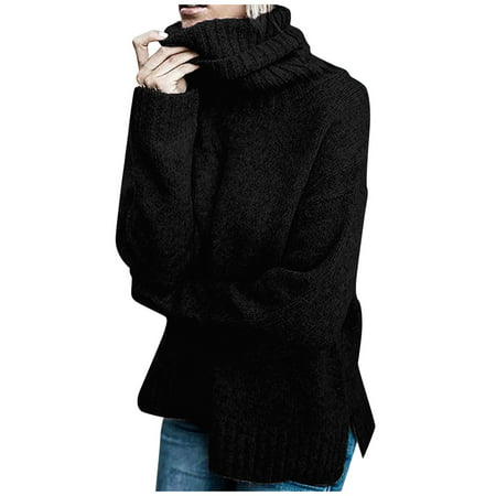 GWAABD Cropped Flannel Women S Irregular Knitted Sweater Turtleneck Solid Color Long Sleeve Pullover