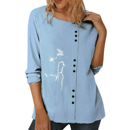 GWAABD Womens Casual Tops Women Dandelion Print Crew Neck Shirt Long Sleeve Cotton Linen TShirt Autumn Loose Fit Casual Top