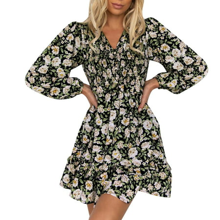 GWAABD Wrap Dress for Women Women Spring Casual Style Lady Dress V-Neck Long Sleeve Flower Print Flexible Mini Dress Ruffles Sundress