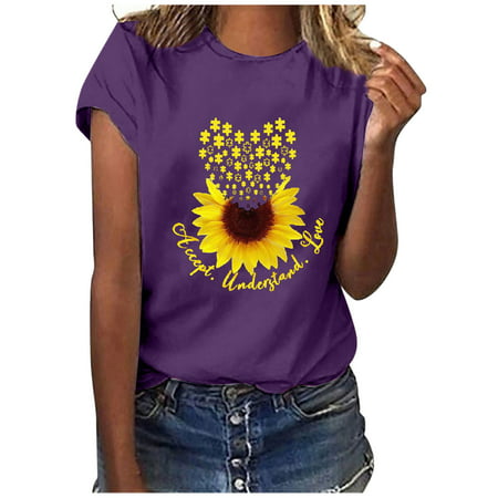 CLZOUD Women S Dressy Blouses Purple Polyester Women Casual Letter Printing Short Sleeves O-Neck Loose T-Shirt Blouse Tops M