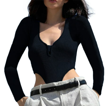 GWAABD Body Suits Women Clothing 2023 V Neck Button Tight Leggings Jumpsuit Women Asymmetrical Neckline Long Sleeve Solid Color Bodysuit Top