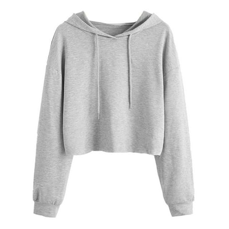 GWAABD Fashion T Shirts for Women Women Long Sleeve Hoodie Crop Top Pullover Blouse Drawstring Crop Sweatshirt