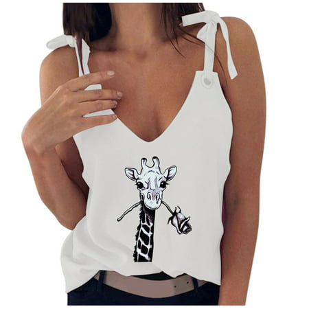 CLZOUD Sleeveless Crop Tops White Hemp Blended 2023 Fashion Trend Camisole V-Neck Corns Giraffe Print Fashion Women Top