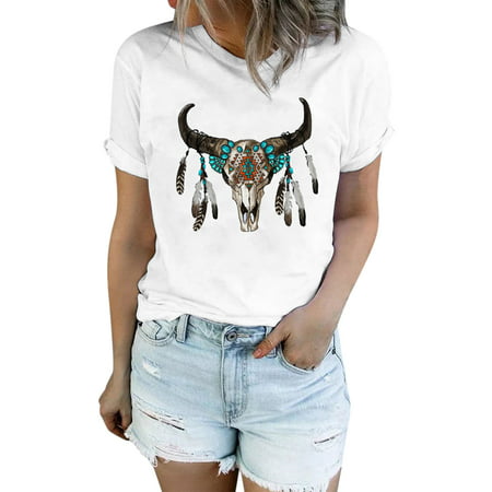 GWAABD Top for Women Fashion 2023 Women Fashion Top Shirt Short Sleeve Aztec Western Casual Denim Shirt Elegant Loose Print T Shirt Top