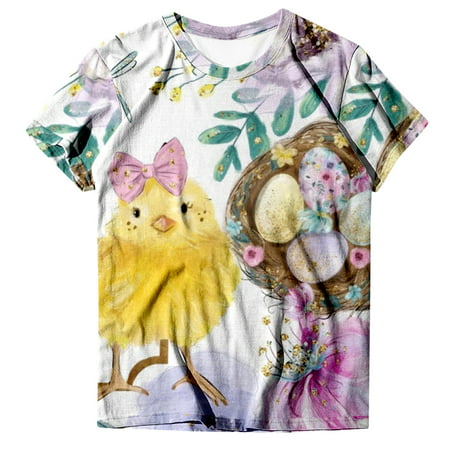 CLZOUD Womens Tops Casual Summer Yellow Women Casual Summer Funny Chick Bunny Print Short Sleeve Round Neck T Shirt L