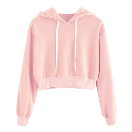 GWAABD Light Weight Long Sleeve Shirts for Women Women S Long Sleeve Pullover Hoodie Drawstring Crop Sweatshirt Top Solid Color Blouse