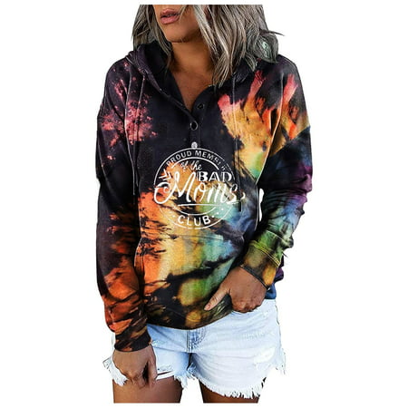 GWAABD Cute Sweatshirt Women S O-Neck Hooded Drawstring Tie-Dye Print Long Sleeves Blouses Shirts Top