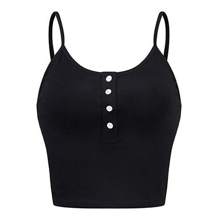 GWAABD Solid Crop Tube Top Womens Sleeveless O-neck Button up Casual Workout Crop Vest Cami Tank Top