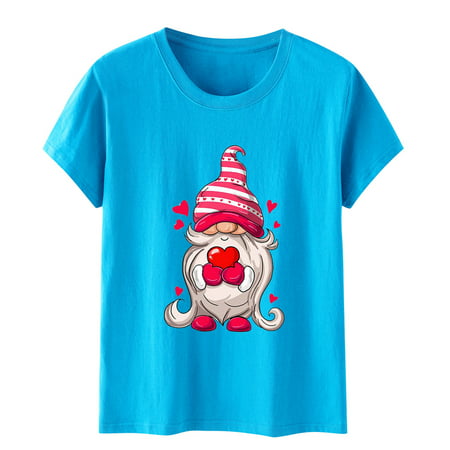 GWAABD Tops Trendy Ladies Short Sleeve Round Neck Top Valentine S Day Print Pullover Casual T Shirt