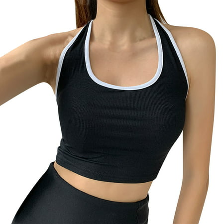 CLZOUD Women Plus Size Strap Crop Tops Black Combed Cotton Sports Bra with Padded for Women Color Block Racerback Crop Tank Top Double Lined Yoga Shir