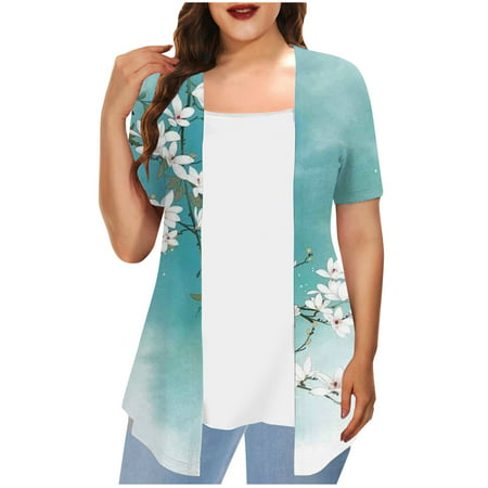 Tops for Women 2289 Fake Two Casual Summer T Shirts Short Sleeve Tunics EKOUSN