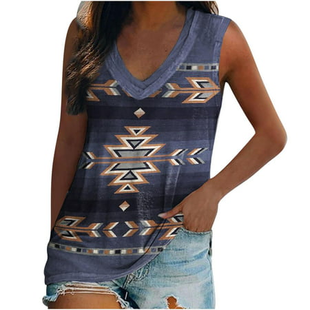 CLZOUD Women Cute Sleeveless Crop Tops Navy Womens Western Tops Vintage Ethnic Print Sleeveless Tank T Shirts Shirts Loose Fit V Neck Summer Vests Pul