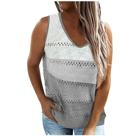 CLZOUD Bandeau Crop Tops Grey Women S Casual Comfortable Knit V-neck Splicing Pleated Sleeveless Vest Tops Xxl