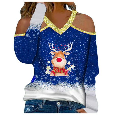 GWAABD Women Tunic Tops for Leggings Women Casual Top Blouses V-neck Christmas Print Long Sleeve Warm Blouse Pullover Shirt Cold Shoulder Soft Tops