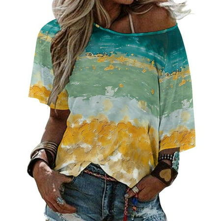 GWAABD Womans Sweatshirts Women Boho Loose Top Summer Blouse T Shirt One Plus Size Floral Printed Shoulder Women S Blouse