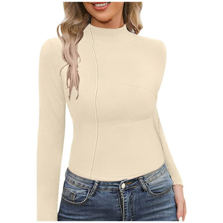 CLZOUD Work Shirt for Women Beige Women Thick High Neck Double Sided Brushed Bottoming Shirt Long Sleeved Tshirt German Velvet Autumn Warm Top Xl