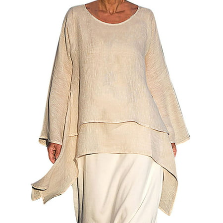CLZOUD Plus Size T Shirts for Women Beige Linen Women Fashion Plus Size Irregular Casual Linen Long Sleeve Crew Neck Blouse Xxxl
