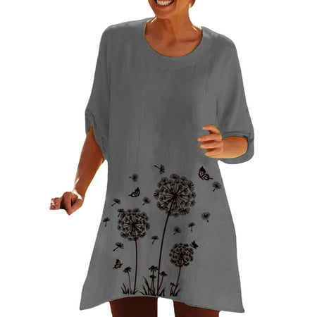 CLZOUD Casual Blouse for Women Grey Polyester Womens Round Neck Printed Loose Short Sleeve T Shirt Long Top Short Sleeve Printed Tunic M