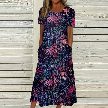 Perfect Summer Gift HIMIWAY Maxi Cheap MIDI Wedding Guest Plus Size Women 4804 Summer Loose Casual Large Size Independence Day V-Neck Sleeveless Dress