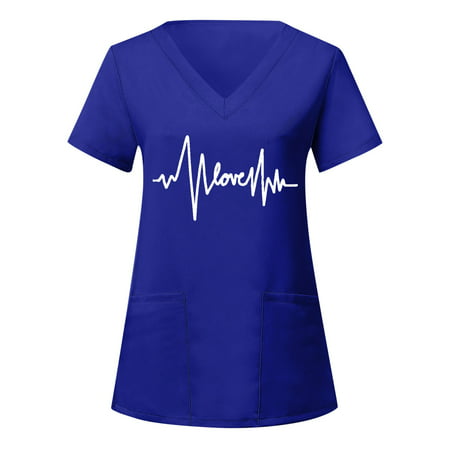 GWAABD Womens Tops Womens Short Sleeve V Neck Heart Printed Top Nursed Working T Shirts Blouse with Pockets