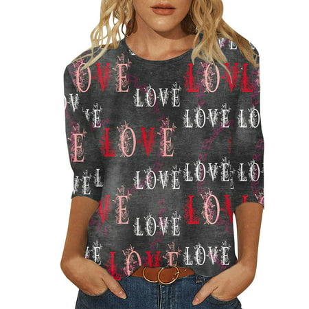 GWAABD Long Sleeve Purple Shirt Loose Tunic for Womens Casual Summer Tops Floral Three Quarter Sleeve Round Neck Tee T Shirt Flower Printed Loose Side