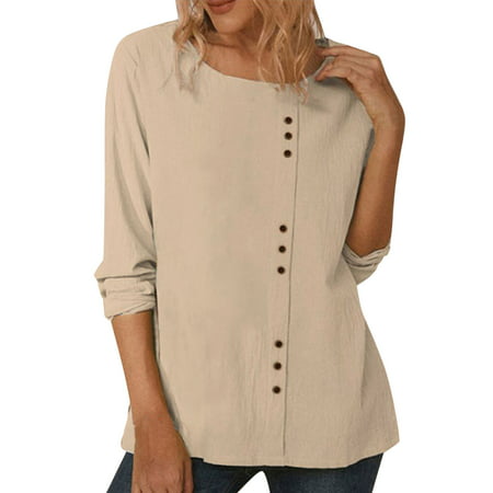 GWAABD Womens Tops Women Dandelion Print Crew Neck Shirt Long Sleeve Cotton Linen TShirt Autumn Loose Fit Casual Top