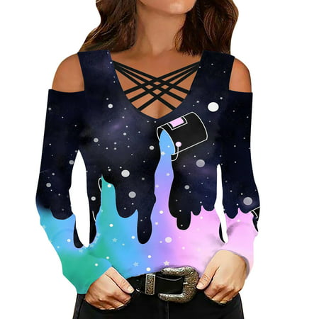 GWAABD Womens Shirts Trendy Ladies Long Sleeve Strapless Top Star Print Round Neck Loose Casual T Shirt