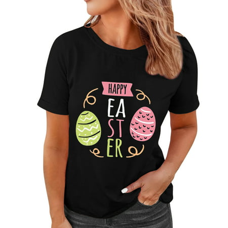 CLZOUD Women Shirts Summer Black Womens Fashion Short Sleeved Print Round Neck T Shirt Top Xl