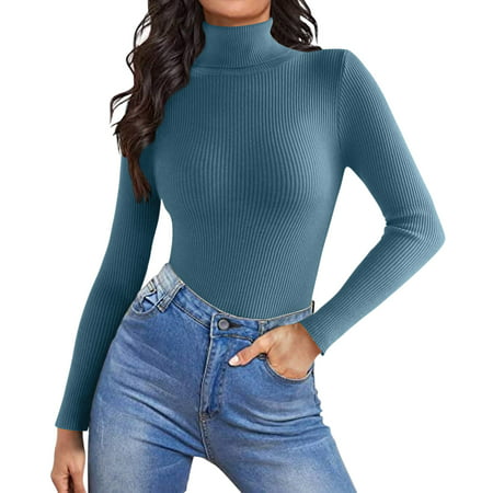 GWAABD Crewneck Women Women Casual Solid Color Bottoming Shirt Slim High Collar Knitted Long Sleeved Top