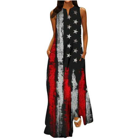 Guieoi Summer Dress Fashion Women Casual V-Neck Independence Day Printing Dresses Summer Sleeveless Pullover Dress Summer Dresses 5796 on Clearance
