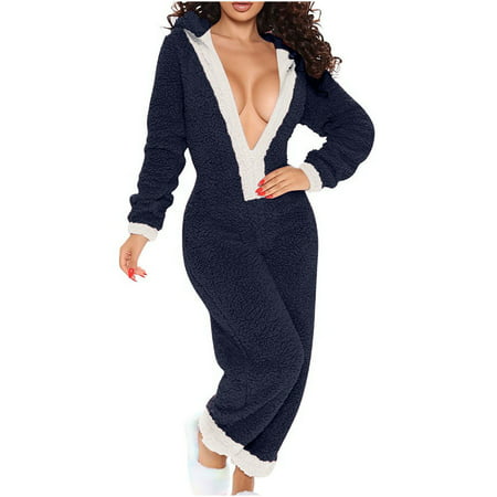 GWAABD Womens Beach Pants Pajamas for Women Warm Plush Onesie Cozy Jumpsuit Winter Long Pajamas Jumpsuit with Hood and Zipper