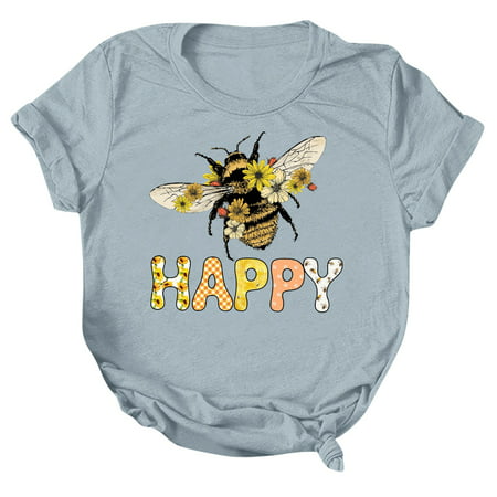 GWAABD Womens V Neck T Shirts Women Casual Bee Festival Printing Shirts Round Neck Short Sleeve Tee Tops Tunic Blouse