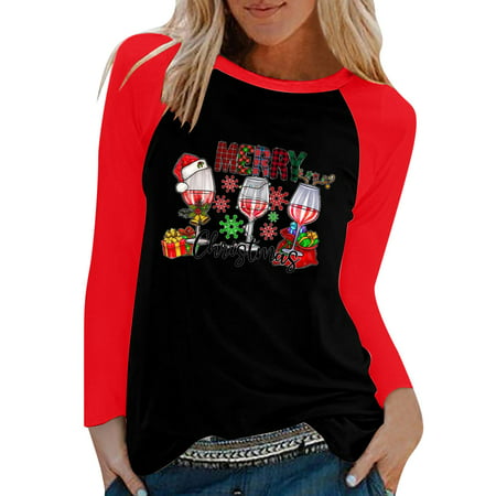GWAABD Plus Size Womens Tops Women S Christmas Printed Top Round Neck Long Sleeve Loose Blouse Top