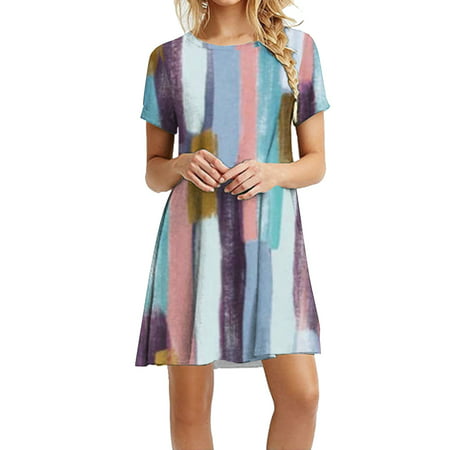 GWAABD Party Dress Women Womens Summer Round Neck Tunic Dress Short Sleeve Beach Dress
