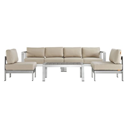 Modway EEI-2564-SLV-BEI Shore Outdoor Patio Aluminum Sofa Set, Silver & Beige - 5 Piece