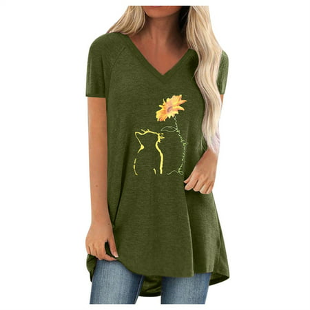 Women S Summer Tops Fashion Printed Short Sleeve V Neck Vintage Casual Loose Solid Blouses Tops