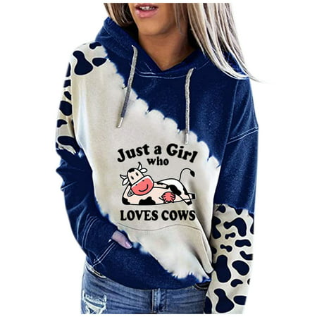 CLZOUD Blouse for Women Dressy Casual Blue Ladies Outdoor Leisure Printing Color Matching Ladies Hooded Long-sleeved Top