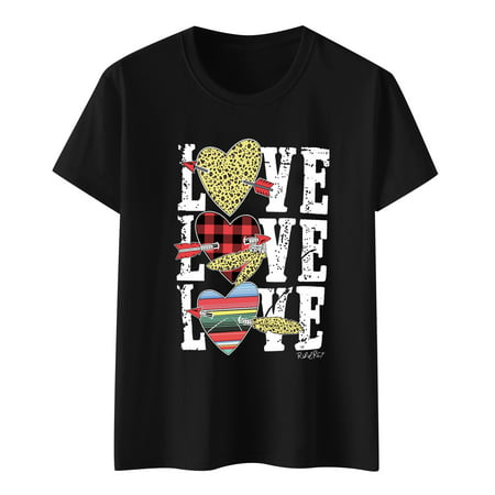 CLZOUD Fashion Blouse Black Valentines Day Mens and Womens Short Sleeve Large T Shirt Couples Love LOVE Print Summer Top S