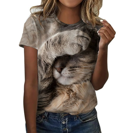 GWAABD Womens Square Neck Long Sleeve Top Womens Daily Spring Cat Print O Neck Tank Tops Short Sleeve Workout Shirts Casual Loose Tees