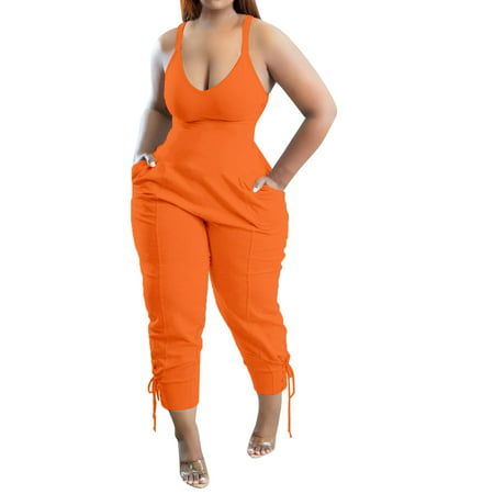 GWAABD Women Sleeveless Shirred Top Tie Knot Short Romper Women S Casual Solid Pocket Strap Jumpsuit Jogging Jumpsuit
