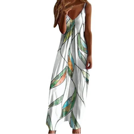 CLZOUD Flowy Dress for Women Green Polyester Spandex Maxi Dresses for Women Summer Sleeveless Boho Sundress Casual V Neck Long Dresses Beach Dress for