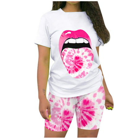 CLZOUD Bustier Tops for Women Hot Pink Womens Short Sleeve Strappy Short Tie-dye Print Cami Belt Top and Pants Suit Xxl