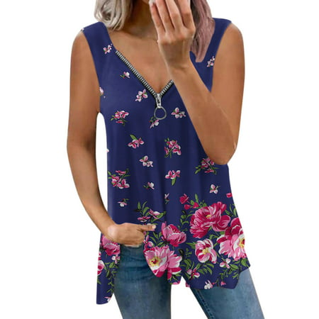 CLZOUD Summer Cute Tops Navy Tunic Tank Blouse for Women Print Sleeveless Print Tops Zipper V Neck Vest S
