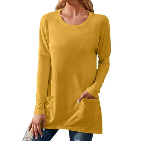 CLZOUD Women Blouses for WorkUnderwear Women Cheeky Yellow Polyester Spandex Womens Long Sleeve Sweatshirts Color Block Crewneck Sweaters Tunic Tops X
